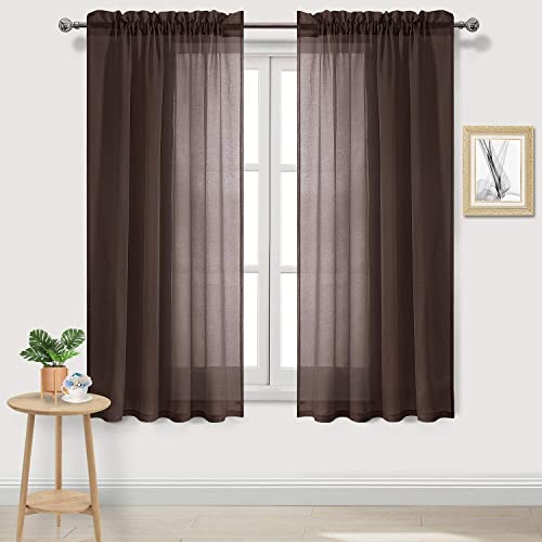 DWCN Brown Sheer Curtains Semi Transparent Voile Rod Pocket Curtains for Bedroom and Living Room, 42 x 63 inches Long, Set of 2 Panels