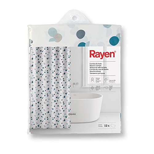 Rayen - Bathroom Curtains - Shower Curtain or Bath - Waterproof - Polyester - Quick Drying - Opaque, PVC Rings - Includes 12 Hooks - 180 x 200 cm - White with Blue Dots