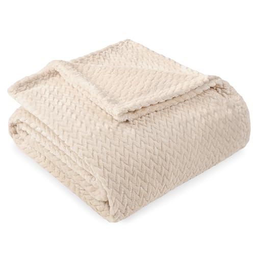 PAVILIA Soft Fleece Ivory Cream Throw Blanket for Couch, Lightweight Plush Warm Blankets for Bed, Fuzzy Cozy Flannel Blanket Throw for Sofa, Travel, Jacquard Pattern, Ivory/Cream, Twin, 60x80 inch