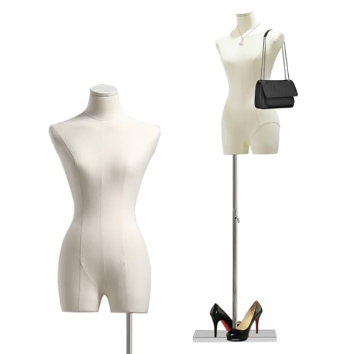 "Female Mannequin Dress Form Torso, 47""-83"" Height Adjustable Display Mannequin Body with Metal Stand, Retro Manikin for Sewing Clothing Jewelry Market Shop (White, B)"