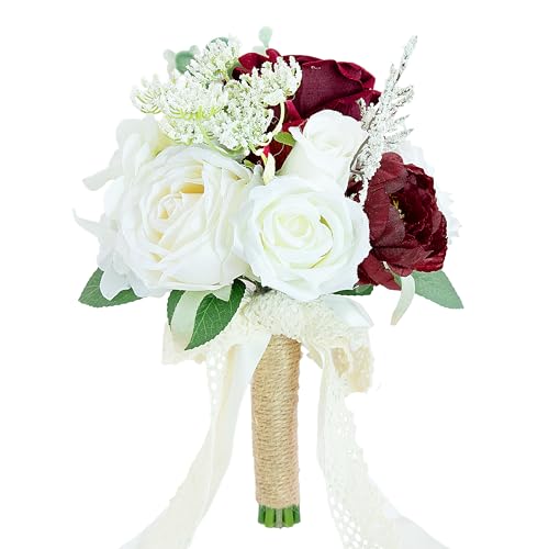 Udoula Wedding Bouquets for Bride Bridesmaid, Artificial Roses Flowers for Wedding Church Decoration Ceremony, Anniversary, etc, Artificial Flowers (Burgundy & Champagne)
