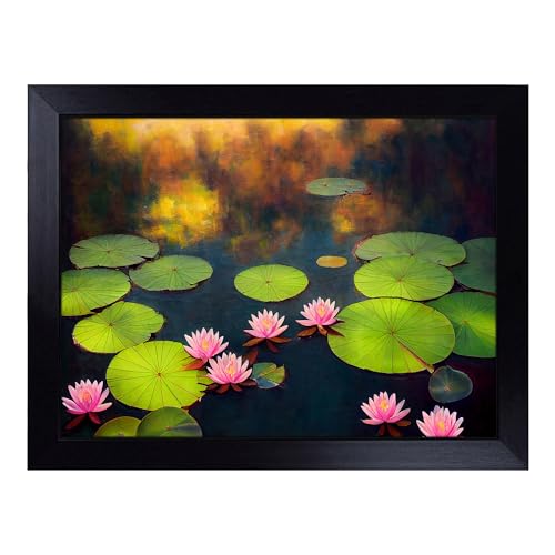Lap Tray with Bean Bag Cushion, Delightful Water Lily Pond - Handmade in the UK, Raised Wooden Edge, Padded Cushion, Heat-Resistant Wipe-Clean Surface, for Meals, Laptops and Crafts