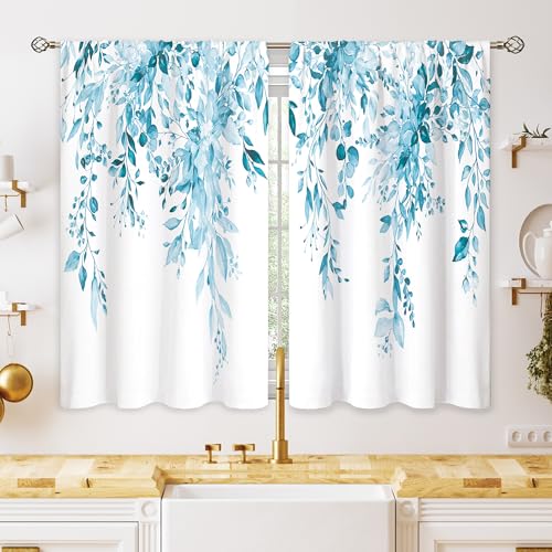 oolygoo Blue Eucalyptus Botanical Leaves Floral Kitchen Window Curtains Over Sink Farmhouse Flower Spring Small Window Treatment Cafe Short Curtains for Bathroom Treatment Tier Drapes 26x36 inch