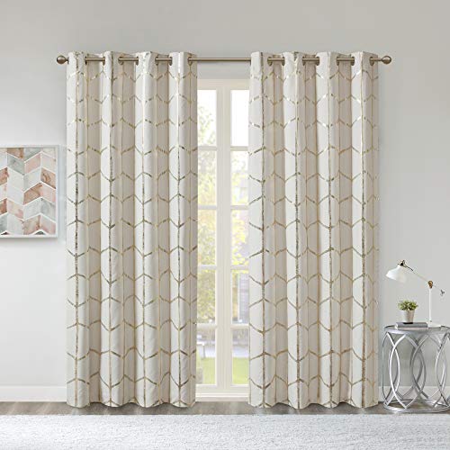 Intelligent Design Raina Total Blackout Metallic Print Grommet Top Window Curtain Panel Thermal Insulated Light Blocking Drape for Bedroom Living Room and Dorm, 50x63, Ivory