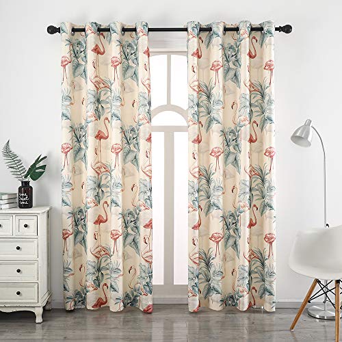 Autumn Dream White Blackout Curtains Drapes with Leaves Flamingo Pattern, Grommet Top Pastoral Velet Floral Curtains for Living Room,Farmhouse,Bedroom, 52by96 inch