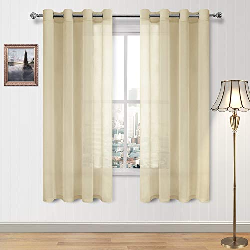 DWCN Sheer Curtains Faux Linen Voile Sheer Drapes for Living Room Grommet Window Curtain 52 x 63 Inch Long, Set of 2, Beige