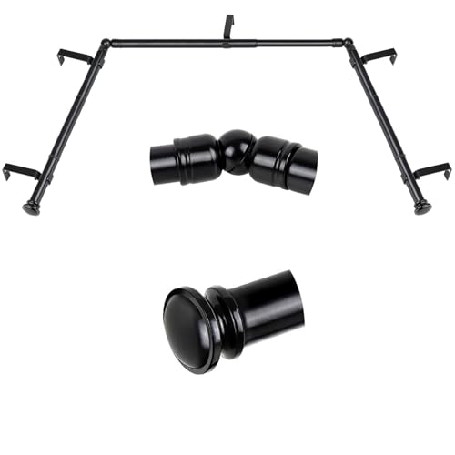TONIAL Bay Window Curtain Rods, 32 to 86 Inch Center Rod, 32 to 58 Inch Side Rods, 3/4 Inch Decorative Drapery Rods with Small Cap Finial, Black