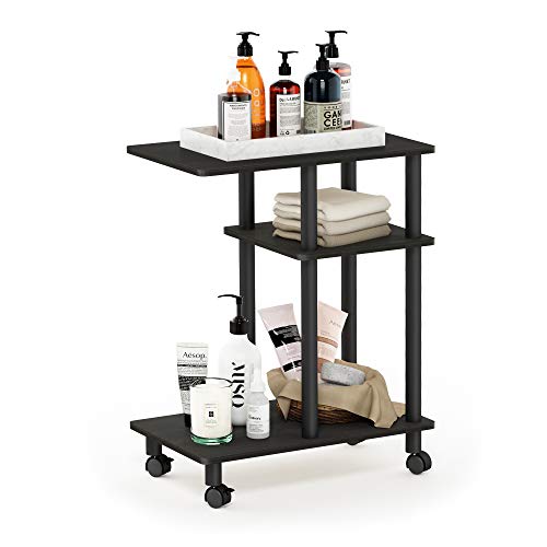Furinno TURN-N-TUBE Side Table, 3-Tier C-Shape End Table with Wheels, Toolless Assembly Night Stand, Bedside Table with Open Shelf, for Living Room, Bedroom, Espresso/Black