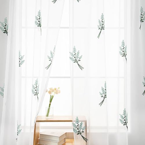 Karseteli Floral Sheer Curtains Embroidered Lavender Patterned Semi-Sheer Curtain 84 Inches Long 2 Panels Rod Pocket Spring Voile Drapes for Living Room, Bedroom(W52 x L84 Inch, White&Teal)