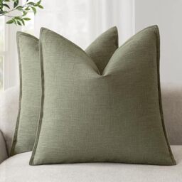 Foindtower Pack of 2, Decorative Linen Soild Throw Pillow Covers Soft Accent Cushion Case Farmhouse Neutral Pillowcase for Chair Couch Sofa Bedroom Living Room Home Decor 22x22 Inch Olive Branch Green