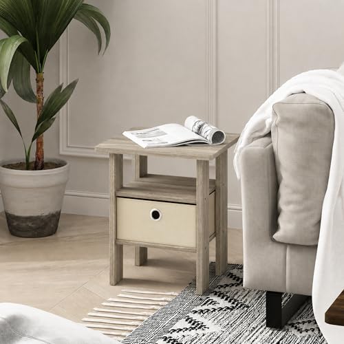 Furinno ANDREY Side Table with Bin Drawer, Oak End Table with Open Shelves, Night Stand, Bedside Table, for Living Room, Bedroom, Light Oak
