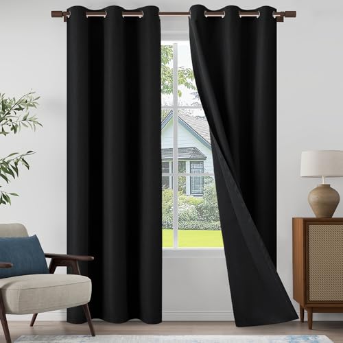 "100% Blackout Linen Textured Curtains 84 Inch Length 2 Panels Set for Living Room, Bedroom, Light Weight Curtains with Grommets Top, Full Blackout Curtains Privacy Protection, Black, 37"" W x 84"" L"