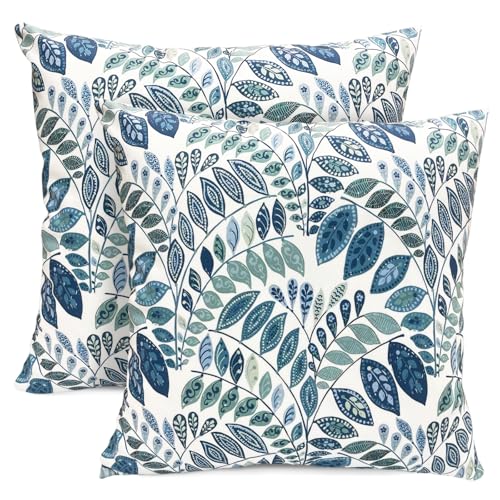 RYSMIYOU Decorative Throw Pillow Covers Set of 2 Blue Green Small Leaves Pillow Covers 16x16 inch Soft Short Plush Square Floral Throw Pillows,Farmhouse Outdoor Pillow Covers for Couch Living Room
