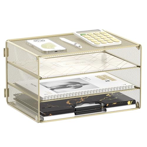 DALTACK 3 Tier Letter Tray Paper Organizer Mesh Metal Desk File Organizer for Home & Office, Golden Yellow