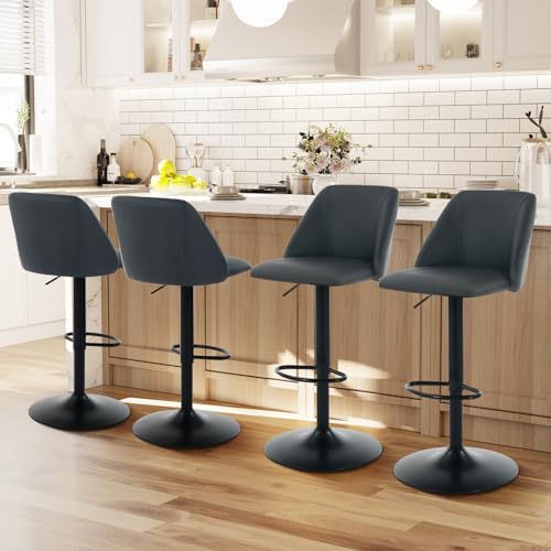COLAMY Breakfast Bar Stools Set of 4, Modern Swivel Kitchen Stool, Adjustable Upholstered Barstools Counter Height with Square Open Back for Bar Kitchen Island, Dining Room, Black