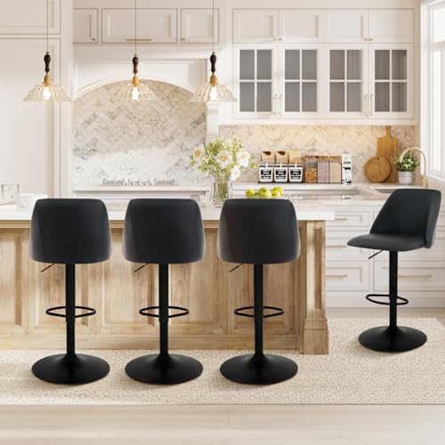 COLAMY Breakfast Bar Stools Set of 4, Modern Swivel Kitchen Stool, Adjustable Upholstered Barstools Counter Height with Square Open Back for Bar Kitchen Island, Dining Room, Black