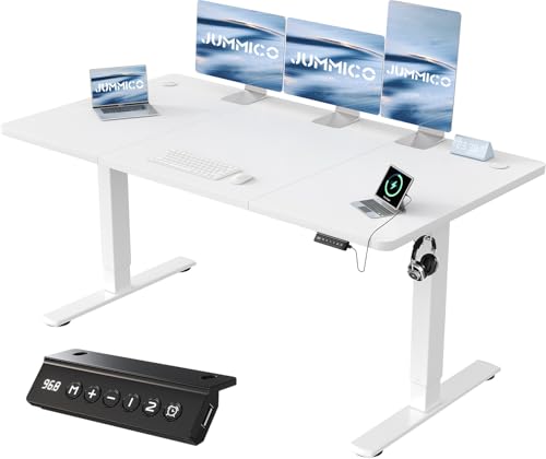 JUMMICO 160x70cm Electric Standing Desk with USB Charging Height Adjustable Desk with Sedentary Reminder Stand Up Desk with Splice Board for Home Office,White