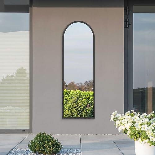"MirrorOutlet The Arcus - Black Metal Framed Modern Arched Garden Wall Leaner Mirror 63"" X 21"" (160CM X 53CM) Silver Mirror Glass with Black All weather Backing"
