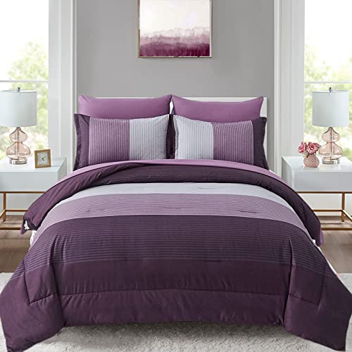 Anibedding Purple Stripe Queen Comforter Set 7 Pieces Bedding Stripe Comforter Sets with Comforter, Pillowshams, Flat Sheet, Fitted Sheet and Pillowcases