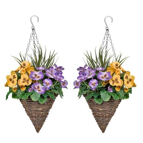 2 x Cone Shaped Hanging Baskets with Purple & Yellow Flowers and Decorative Grasses (Set of 2)