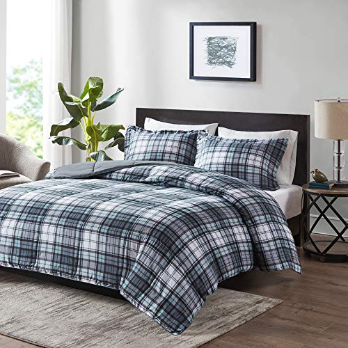 Madison Park Essentials Plaid Comforter, Matching Sham, 3M Scotchguard Stain Release Cover, Hypoallergenic All Season Bedding-Set, Microfiber, Grey, Full/Queen