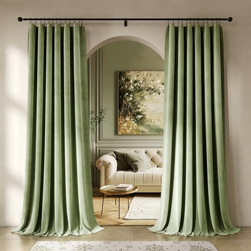 Beauoop Sage Green Velvet Curtains for Bedroom Living Room 52x96 2 Panels - Soft Luxury Room Darkening Drapes Thermal Insulated Soundproof 96 Inches Long Window Treatments Rod Pocket