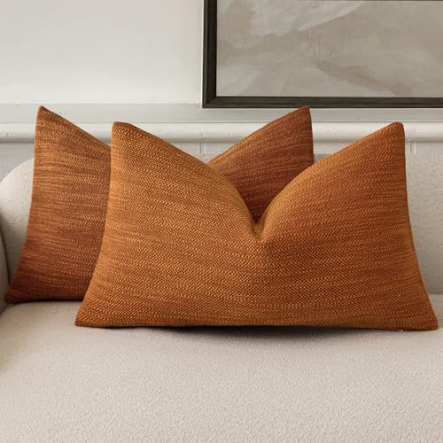 Foindtower Set of 2 Decorative Textured Burlap Linen Throw Pillow Covers Farmhouse Boho Lumbar Cushion Cover Solid Accent Pillowcase for Couch Sofa Bed Living Room Home Decor,12??20 Inch,Burnt Orange