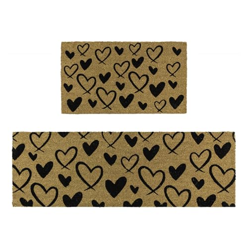 JVL Eco-Friendly Latex Backed Coir Entrance Doormat and Runner Set - Hearts