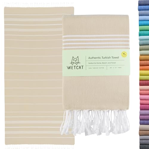 WETCAT Turkish Beach Towel Oversized 38x71 100% Cotton Sand Free Quick Dry Extra Large Light Travel Towel for Adults Beach Accessories Gifts - Beige