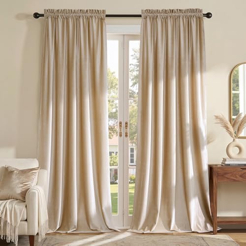 PRIMROSE Blackout Curtains 84 inch for Living Room Velvet Rod Pocket Window Drapes Treatment Semi Room Darkening Decor Champagne Curtains for Bedroom Set of 2 Panels