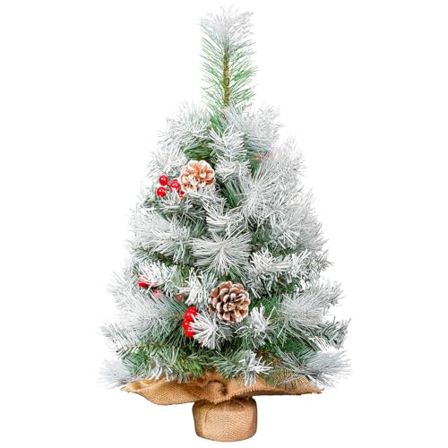 Mini Christmas Tree, 2ft/60cm Small Christmas Tree with Snow, Real Pine Cones Red Berries Decoration for Xmas, Office Living Room Kitchen Windowsill Christmas Desktop, Dining Tabletop