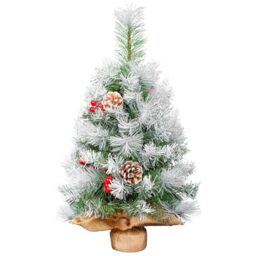Mini Christmas Tree, 2ft/60cm Small Christmas Tree with Snow, Real Pine Cones Red Berries Decoration for Xmas, Office Living Room Kitchen Windowsill Christmas Desktop, Dining Tabletop