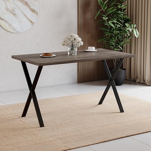 Vida Designs 4 Seater Dining Table With X Shaped Black Metal Legs, Industrial Style Rectangle Kitchen/Dining Room Furniture (Walnut)