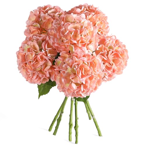 Kisflower 6PCS 22 inch Hydrangea Artificial Flowers Real Touch Pale Pink Faux Hydrangea Flowers with Home Office Decor or Wedding Arrange Holiday and Birthday Party Decorations(Pale Pink)