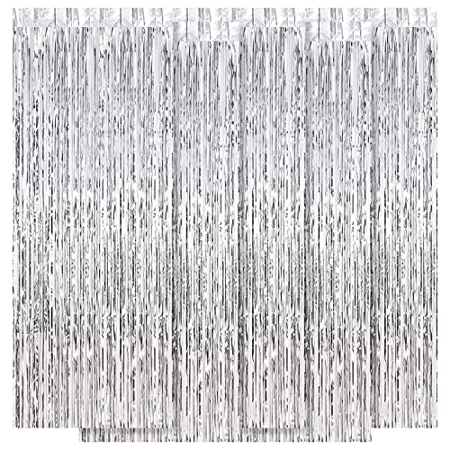 5 Pack Black Fringe Backdrop 3.2ft x 8.2ft Foil Curtain Tinsel Foil Fringe Curtains Backdrop Tinsel Backdrop Streamers for Birthday Curtain Party Decoration Wedding Christmas Decoration (Silver)