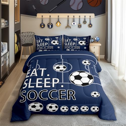 Feelyou King Size Soccer Comforter Set Boys Girls Football Bedding Set for Kids Teens Toddler Navy Blue Duvet Set Soccer Ball Game Quilt Set 3Pcs
