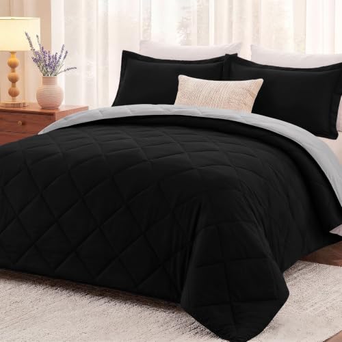 Downluxe Comforter Set - Black and Grey Full Comforter - Soft Bedding Set for All Seasons - 3-Piece Set with 2 Reversible Pillow Shams