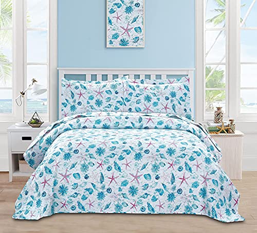 Queen Size Quilts Beach Queen Quilt Set Collection Bedspread Coverlet Reversible Lightweight Bedding Pink Starfish Aqua Home Quilt Set