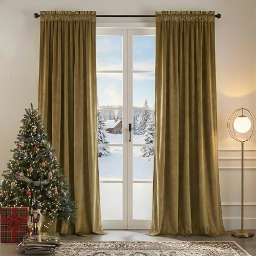 Nemia Gold Brown Velvet Curtains Thermal Insulated Blackout Curtain for Bedroom Window Living Room Darkening Luxury Vintage 84 Inches Long Heavy Drapes Panels Rod Pocket Set of 2