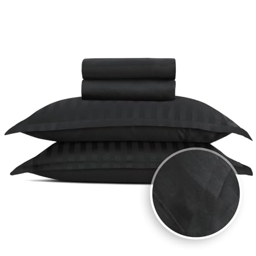 Pure Cotton 4-Piece Bed Linen Set for 2 People, 100% Cotton Satin, 200 Thread Count, 120 g/m², Oeko-Tex, Flat Sheet 240 x 300 cm, Fitted Sheet 180 x 200 x 30 cm, 2 Pillowcases 63 x 63 cm, Dobby Black