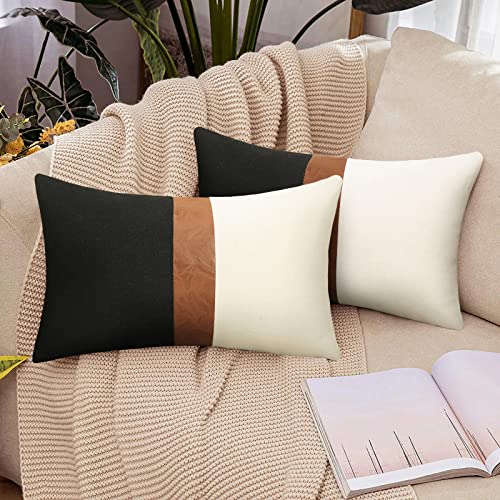 Merrycolor Pack of 2 Thick Black Linen Farmhouse Lumbar Throw Pillow Cover Black Brown Decorative Linen Faux Leather Ticking Stripe Cushion Pillowcase Modern Sofa Couch Pillow Cover 12x20 Inches
