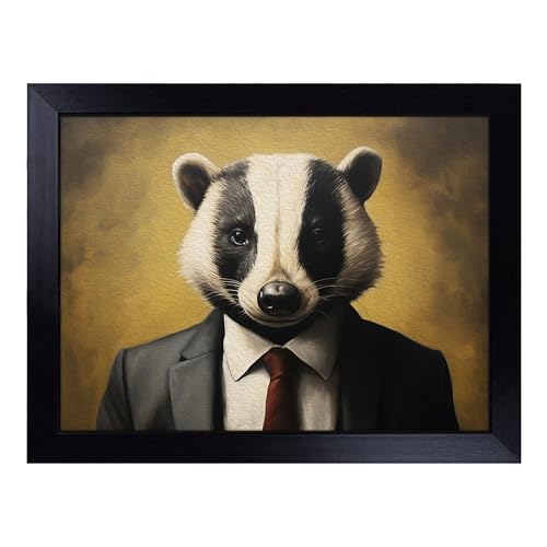 Lap Tray with Bean Bag Cushion, Badger In A Suit Painting - Handmade in the UK, Raised Wooden Edge, Padded Cushion, Heat-Resistant Wipe-Clean Surface, for Meals, Laptops and Crafts