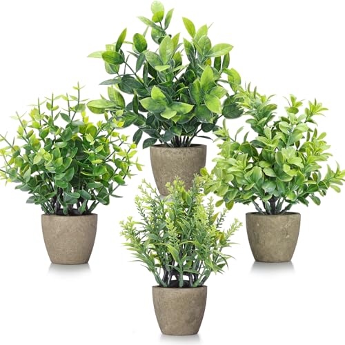 FAVOWREATH 4 Pack Fake Plants Ceramic Mini Artificial Greenery Potted Plants for Home Decor Office Decor Room Decor Farmhouse Decor Indoor Table Bathroom Decor
