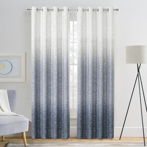 "Ombre Full Blackout Curtain Bedroom Drape, Cream White to Indigo, 50""x63""x2 - Central Park, Gradient Print, Thermal Insulated, Noise Reduction, Rustic Farmhouse, Heavy Linen Texture, Window Treatment Set"