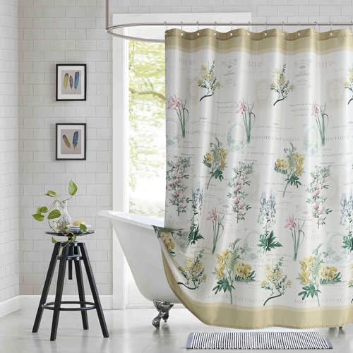 "BESTRIPES Extra Long Fabric Shower Curtain, Country Vintage Floral Shower Curtain, Gold and Green Flower Shower Curtains for Bathroom, Waterproof Bathroom Curtains, 72"" W x 84"" H"