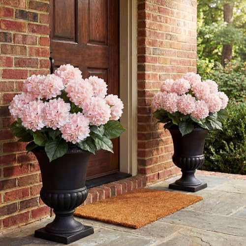 Hotop 2 Pcs Pink Large Hydrangea Artificial Flowers Bush for Outdoor Hydrangea Silk Flower with 5 Heads Per Bush for Home Indoor Wedding Flowers Bouquets Kitchen Centerpiece Table Decor