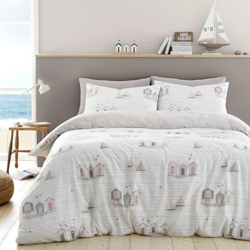 Fusion - Nautical Natural Duvet Cover - Double Bedding Size (200 x 200cm) - Reversible (2 Designs) - Seaside/Sailing Boats Duvet Cover - Natural & White Bedding with Coastal Theme - Beach Huts Bed Set