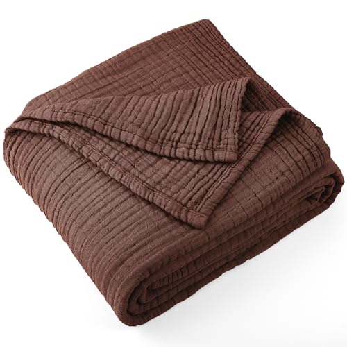 Carriediosa 100% Cotton Muslin Throw Blanket 90 x 90 Summer Gauze for Adult - 4-Layers Queen Size Throws for Bed Sofa Couch, Soft Lightweight Breathable Linen Blankets Bedspread All Season, Dark Brown