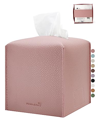 PENGLONG Tissue Box Cover 5X5X5'' PU Leather Tissue Holder Square Tissue Cube Box Organizer for Bathroom Vanity Countertop, Car, Night Stands, Office, Home, Kitchen (1Pack, Pretty Pink)