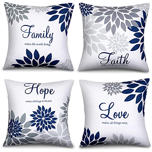 Tatuo 4 Pcs Flower Pillow Covers Square Summer Pillow Cushion Cases 18 x 18 Inch Family Faith Hope Love Words Decorative Spring Winter Cushion Case for Bed Couch Sofa Living Room(Gray Series)